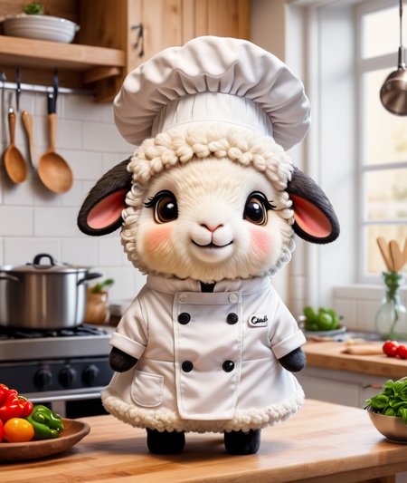 an adorable fluffy sheep wearing a chefs hat and outfit, in a kitchen, professional, high quality, super cute, kawaii, 8k, adorable  <lora:FaeTastic:0.7>