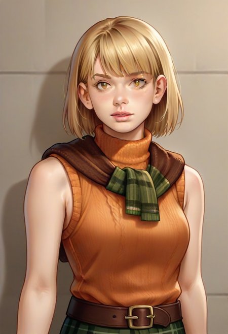 <lora:ashleygraham:0.9>, ashleygraham, photorealism, 1girl,solo,blonde hair,bob cut,bangs, golden eyes,orange turtleneck,sleeveless,brown sweater over shoulder,,green plaid skirt,brown belt, ,,,