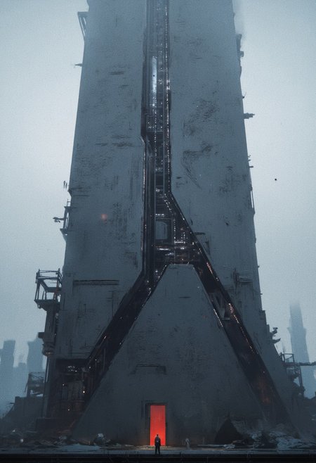 A moody, ultra-detailed photograph, HD, 8K quality, featuring a towering, vertical futuristic building with sleek, minimalist architecture in contrasting shades of greyish-blue. The structure looms against a dimly overcast sky, its surface marked by faint geometric patterns and reflective textures that catch the soft, diffused light. At the base of the immense building, a small, vibrant red door stands out starkly, its bold color breaking the monotony of the somber tones. A lone figure stands before the door, dwarfed by the towering scale of the structure, their posture filled with quiet contemplation. The contrast between the cold, towering building and the vivid red door creates a striking focal point, evoking a sense of mystery and introspection in this atmospheric composition