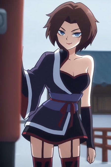 <lora:meihuashiyi:1>,meihuashiyi,1girl,solo,blue eyes,mole under eye,brown hair,short hair,parted bangs,single bare shoulder,cleavage,collarbone,thighhighs,garter straps,japanese clothes,smile,looking at viewer,, masterpiece,best quality,amazing quality,absurdres, anime screenshot, lazypos ,