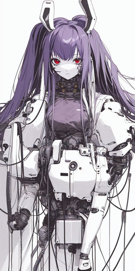 (masterpiece, best quality),upper body,<lora:Blame!:0.8>,heavy black and white, dim light,cyborg,1girl,standing, tubes and cables,Reisen,looking at viewer,long hair, red eyes,wall,