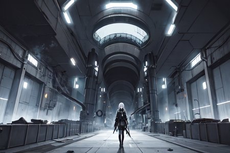 highly insanely detailed, masterpiece, top quality, best quality, highres, 4k, 8k, RAW photo, (very aesthetic, beautiful and aesthetic),  
tsutomu nihei,nihei_tsutomu,blame!,blame gakuen!,abara,TNstyle,sidonia_no_kishi,(hangar,megastructure in background,lab,giant room,tower,deep horizon,tunnel),drainpipe,cables,tubes,industrial pipes,star \(sky\),starry sky,light particles,clouds,machinery,ventilation fan,ventilation shaft,bones,concrete walls,metal walls,mist,steam,foggy,smoke,fog,buildings,gauna,gauna mech,wire,walkway,bridge,dome,fence,letterboxed,toha heavy industries,tentacles,air conditioner,dark background,flock,decrepit,open space,science fiction,futuristic,empty, 
<lora:blameLora_v10:0.3>, 
(1girl:1.3), 
solo focus, 
silver grey background,copper background,(colored smoke background,gradient background,colored marble background),âââ