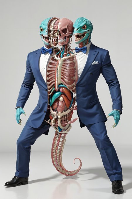 blank space and negative space as bckgroung flat opaqur color as background, (da vinci anatomical pose:1.3), full body 3D model of a humanoid chameleon in a serious mood with a bow tie, moebius wearing nice shoes, by Paul Catherall, architecture, flat-colors, geometric, graphic-design, minimalism, urban-life, gradient, textured, split head, split, split body, inside, <lora:split2:1.1> , full lenght, whole body, he is split in half showing the inside organs and skeleton, (standing on white floor:1.2), realistic photography, raw photo, hdr, detailed texture, highest definition and sharpness image, realistic colors, The vibrant colors and striking contrast are masterfully captured, made in unreal engine, cinematic shot + dynamic composition, incredibly detailed, sharpen, details + intricate detail + professional lighting, film lighting + 35mm + anamorphic + lightroom + cinematography + bokeh + lens flare + film grain + HDR10 + 8K + Roger Deakins, ((cinematic)), The vibrant colors and striking contrast are masterfully captured, atmospheric particles, intricate details, made with the unreal engine, symmetrical, highly detailed, smooth, sharp focus, full-height, cinematic lighting, kkw-ph1, 3d isometric, blender render, high quality texture, hdr, professional photography, detailed texture, 3d cartoon, pixar style, sharp and smooth, animation, extreme detail, ultra quality, HD, high definition, dynamic range, octane render, Masterpiece,  crisp clear ultra definition, High dynamic range, vivid, rich details, clear shadows and highlights, realistic, intense, enhanced contrast, highly detailed, dslr, blender render model, 3d motion design element