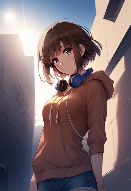 safe_pos, score_9, score_8_up, score_8, score_7_up, score_7, source_anime,
1girl, katou megumi, Megumi <lora:KatoMegumi:1>,brown hair,katou megumi,brown eyes, short hair , medium breasts, masterpiece, best quality, casual urban streetwear, modern city setting, oversized hoodie (lavender), denim shorts, white sneakers, headphones around neck,  urban graffiti wall in the background, dynamic walking pose, wind blowing hair slightly, deadpan, soft sunlight, golden hour lighting, vibrant yet natural colors, slightly tilted angle, casual and relaxed atmosphere, lens flare, dynamic angle, looking at viewer