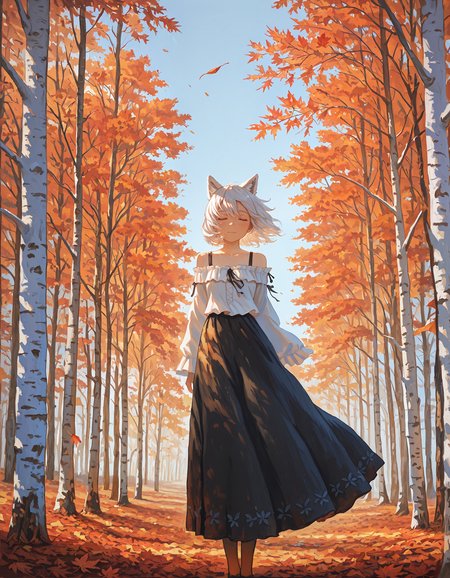 intricate details,masterpiece, very aesthetic, absurdres,oil painting \(medium\),brush stroke,  painting \(medium\), painting,<lora:fjsmu:1>,fj7mu_illu, 1girl, solo, autumn forest, animal ears, wolf ears, white hair, short hair, hair blowing in the wind, detailed eyes, white blouse, ruffled blouse, off-shoulder, black skirt, red gradient, long skirt, standing, birch trees, autumn leaves, vibrant colors, orange foliage, blue sky, sunlight filtering through trees, painterly style, serene expression, wind effect, scenic background, peaceful atmosphere