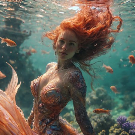 ethereal fog and dreamer, photo shoot of Ariel the mermaid, 36y.o woman, publisher photo shoot of Fashion magazine, fashion poses, VOGUE magazine. Movie grain, intricate patterns on flakes, detailed beautiful face, Bright red hair, looking at the viewer, detailed fish tail, beautiful and intricate underwater background, underwater style <lora:underwater style:1>, film photograph, old photo with movie grain, 8k, Masterpiece, sand watch body, from the waist up photo view, Classic art, ascending, cinemasthetic, close up shot , photo by Flora Borsi <lora:extremely_detailed:1> <lora:add-detail-xl:1> <lora:detailed_notrigger:1> <lora:ultra details add more details:1> <lora:aesthetic:3.5>