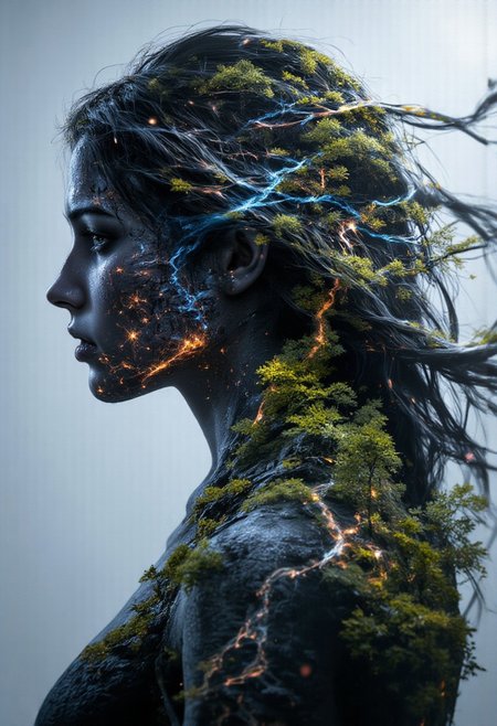 the silhouette of a woman with flowing hair, her profile filled with the image of a vast forest transitioning into a futuristic cityscape. Trees morph into skyscrapers, and winding rivers blend into illuminated streets, symbolizing the harmony and conflict between nature and urbanization. The woman's serene expression ties the contrasting elements together, creating a story of balance and transformation.