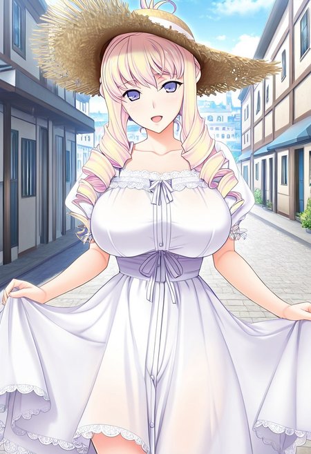 1girl,solo,Bertille Althusser,
blue eyes,large breasts,blonde hair,long hair,twin drills,
white dress,straw hat,sundress,puffy sleeves,frills,lace,
cowboy shot,looking at viewer,standing,front view,smile,openmouth,
outdoor,building,
masterpiece,best quality,amazing quality,
game cg,