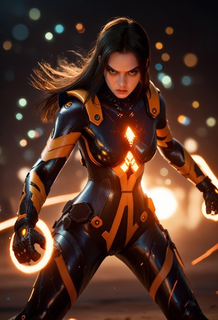 score_9, score_8_up, score_7_up, score_6_up,
stellartachy, 1girl, solo, black  hair, black eyes, long hair, (Large black round armored Shoulder pads:1.4),
(orange neon lines), ( black glowing plugsuit:1.3), cyberpunk gloves, 
cowboy shot, white background, (epic, movie scene , action scene, fight, colorful, bokeh, god light:1.4)
(action shot)