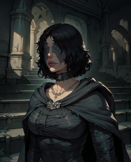 score_9,score_8_up,score_7_up,
MidenInBlack,black hair,lips,covered eyes,
choker,necklace,black dress,cape,  
standing,upper body, 
stairs,magical ruins, indoors,   
<lora:MaidenInBlack135:1>,