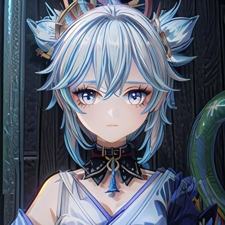 GenshinAvatar, (a girl with long light blue hair in a braided ponytail with a flower hairclip on it hair has split bangs, and blue eyes eyes,hydro character,hydro inazuma vison,wearing a blue kimono with a collar,outfit with blue charms and gems.:1.4), highly_detailed, illustration, portrait, (((masterpiece))),(((bestquality))), (black_background:1.4), simple_background, <lora:GenshinAvatarV2:1>