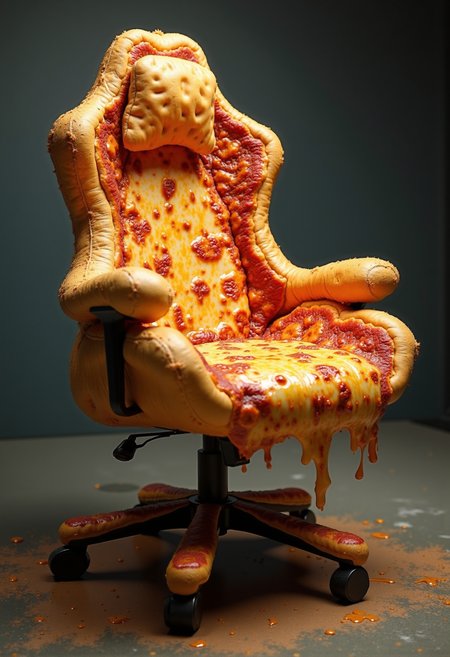 A gaming chair inspired by pizza, with a bold and surreal design. The backrest is tall and slightly curved, mimicking the uneven, bubbly texture of a freshly baked crust. The outer edges are golden brown, rough, and slightly crispy, while the center dips slightly, as if weighed down by rich, melted cheese. The seat follows the same aesthetic, with irregular, dough-like contours and a plush surface resembling gooey, stretching mozzarella. The armrests twist and flow like molten cheese dripping over the edges. The sturdy five-section metallic base with caster wheels has a subtle texture reminiscent of a pizza stone. The background is deep, dark, and slightly whimsical, making the chair’s mouthwatering details stand out.