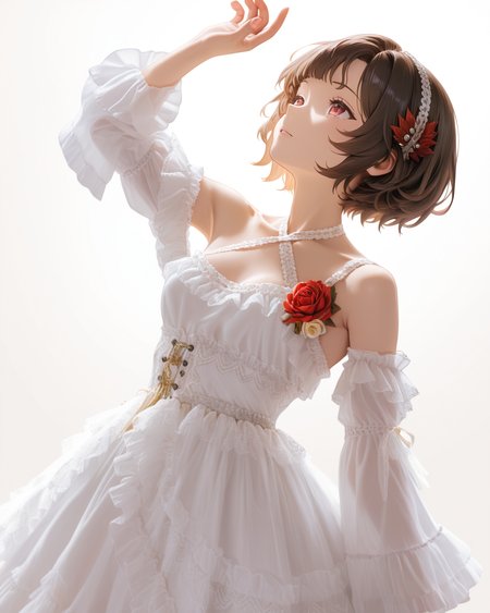 Positive: Masterpiece, best quality, amazing quality, very aesthetic, high resolution, ultra-detailed, absurdres,
1girl,solo,white_background,
schndef, short hair, feather hair ornament,small breasts,brown hair, red eyes,white hairband, 
white off-shoulder lace ruffled dress,
white dress,white off-shoulder,lace,frills,
criss-cross halter,
corsage,jewelry,
long sleeves,detached sleeves, 
cowboy_shot,look up,