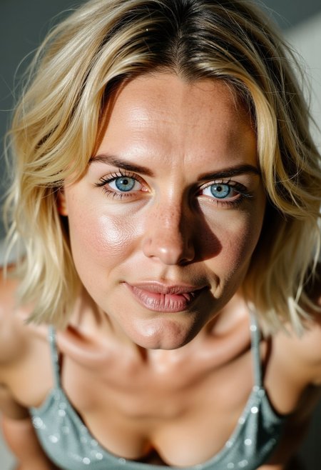 A **busty 44-year-old German woman**, exuding timeless beauty and confidence, captured in a **semi close-up from above**, bathed in **natural light**. Her **short blonde hair**, slightly tousled, frames her **big, expressive blue eyes**, which radiate warmth and intelligence. She wears a **shiny bikini**, the fabric catching the light with a subtle shimmer, accentuating her **curvy, statuesque figure**.  
Her **smile is genuine and radiant**, revealing both strength and elegance. The **soft shadows and perfect lighting** highlight the contours of her face, creating an intimate yet striking composition. The **high-resolution, ultra-detailed image** preserves every delicate texture—from the **fine details of her skin** to the **natural highlights in her hair**.  
Inspired by **Peter Lindbergh’s signature style**, the focus remains on **raw beauty, authenticity, and a cinematic depth** that makes the portrait feel both real and iconic. The **background softly fades into a professional blur**, ensuring all attention is drawn to her expression, her presence, and the effortless **goddess-like aura** she carries.