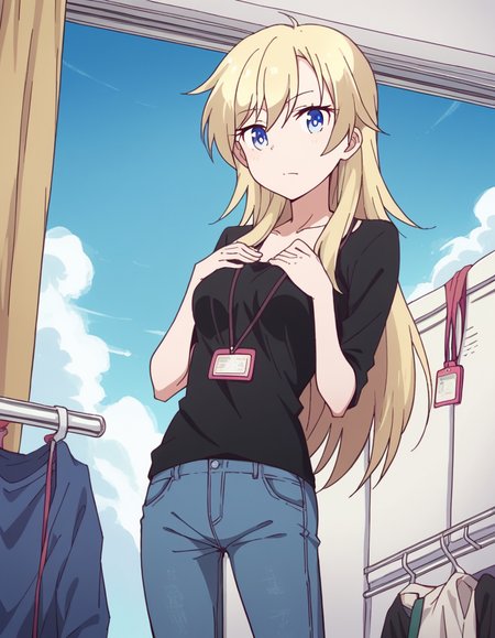 score_9, score_8_up, score_7_up, source_anime, <lora:kou-yagami-s2-ponyxl-lora-nochekaiser:1>, kou yagami, long hair, blue eyes, blonde hair, medium breasts,, shirt, collarbone, pants, black shirt, id card, lanyard, denim,, laundry day, clothesline, drying clothes, domestic life, fresh air, blue sky, , hands on own chest,, looking at viewer, solo,, dutch angle, cowboy shot