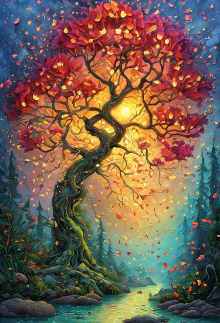 Bohemian Art, Low Angle, Yumei Style, Best Quality, High Resolution, 8k Very Beautiful, Mesmerizing Fireflies, Maple Leaf Floral Vibe, Vibrant Godray Effects Realistic, Super Detailed Vibrant Glowing Rose Petals , glowing leaves, dreamy wonderland gardens and playful firefly slutty are inspired by Yuumei's huge bustle of extremely detailed scenes, the overall style is reminiscent of fantasy art, focusing on intricate details and a sense of wonder. This painting is a true masterpiece, demonstrating the artist's extraordinary skill in capturing the beauty and majesty of nature in a surreal and imaginative way. soft colors,
<lora:Paul_Signac_Neo-Impressionist_dotted_pa​​intings_Pointillism:1> ah_signac <lora:TQ_-__Kids_Storybook_Illustrations_XL-000006:0.2> <lora:ral-lava-sdxl-v2:0> ral-lava <lora:artivelyTREETTREET_SDXL_V1:1.2> Arttrttrt