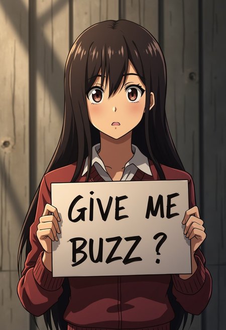 woman holding a sign saying " give me buzzz ", attack of titan anime series