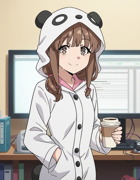 score_9, score_8_up, score_7_up, source_anime, <lora:kaede-azusagawa-s1-ponyxl-lora-nochekaiser:1>, kaede azusagawa, long hair, bangs, brown hair, brown eyes,, animal ears, tail, hood, pajamas, animal hood, animal costume, panda ears,, home office, working from home, computer screen, coffee cup, focus, deadline, smile, looking at viewer, solo,, cowboy shot, dutch angle