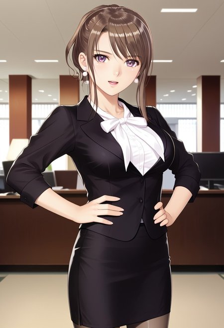 in office room, office interior, (photorealistic, beautiful girl, sexy girl, Japanese girl) (matsumiya_kiriko, pantyhose, skirt, solo, brown hair, purple eyes, fitted skirt, formal, suit, black skirt, shirt, jacket, white shirt, office lady, outfit1 earrings, pearl earrings,)  1girl, best quality, cowboy shot, seductive smile, large breast,  Overall Detail, (slim, standing, open mouth, looking at viewer, young-adult contrapposto, one hand on waist) realistic hands, white stocking, negative hand, handfixer, tony taka, alone, 1 girls