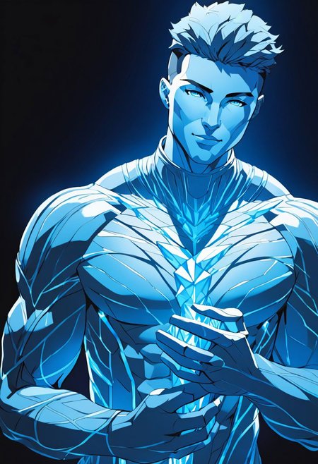 Duskfallcrew Art Style, solo, smile, short hair, simple background, 1boy, white background, closed mouth, monochrome, upper body, male focus, muscular, own hands together, pectorals, muscular male, veins, blue theme, statue, (iceman from the x-men:1.5), futuristic, cyberpunk, soft lighting,  best illustration,  cinematic angle, cinematic lighting, masterpiece,  official art,