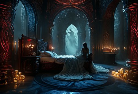 hkmagic detailed wide shot, low angle, wide shot, a celtic princesse of extraordinary beauty Eerie reality, her body covered by celtic runes bioluminescent tatoos glowing with power and magic, lying on a luxury fantasy bed in a room illuminated by candles, her body visible through a transparent golden veil covering the baldaquin bed, the bed culumns are spiraling sculppted dragon made of ivory and dark wood, red hair, naked,, mist, ciaroscuro, 8k cinematic shot,  Intricate, High Detail, Sharp focus, dramatic, colorful details, intricate details,hyper realistic, ultra detailed,  volumetric lighting, 8k post-production, Chiaroscuro Lighting Style, elven architecture