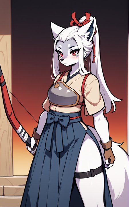 best quality, absurdres,<lora:BolivanteStyleITS:0.8>,   <lora:HOITS:0.8>, HOITS,  thigh strap, fingerless gloves, gloves, skirt, hakama skirt, hakama, japanese clothes, breastplate, short sleeves, furry, furry female, animal ears, tail, body fur, long hair, fox girl, fox tail, fox ears, animal feet, animal nose, red eyes, white hair, ponytail, white fur, claws, slim, blue skirt, beige shirt, bow \(weapon\),holding bow \(weapon\),temple, outside, side slit