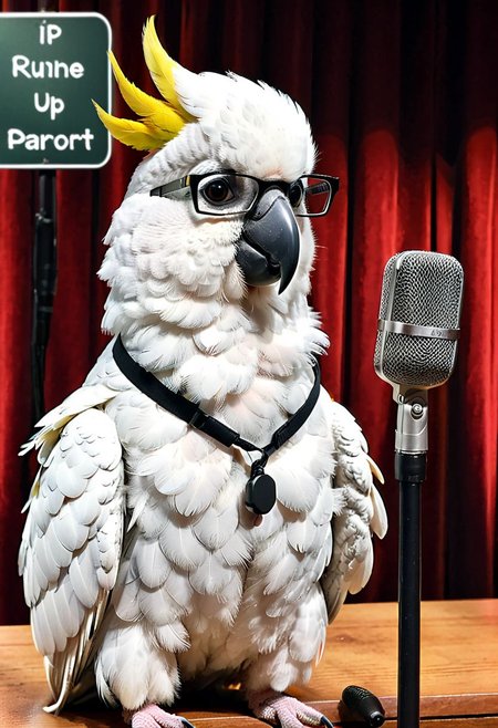 A cockatoo wearing rectangular glasses, sitting in front of a microphone on a scene, stand up show, nameplate near a parrot with text:"Rune Parrot"