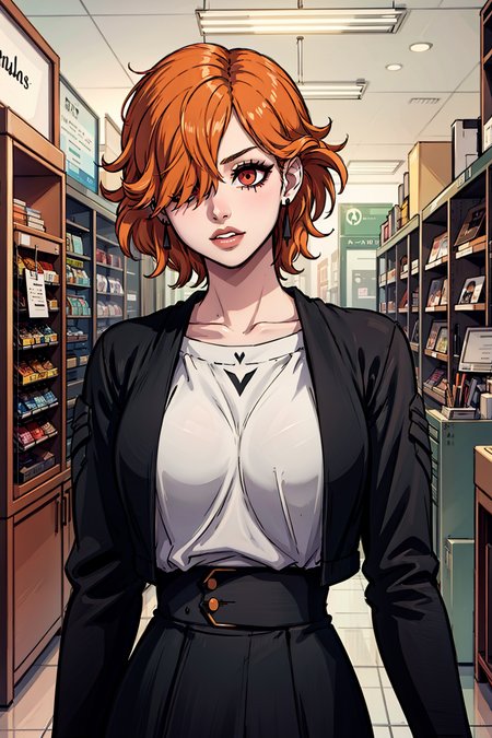 1girl, solo, 70s style sunglasses store, a store dedicated to fashionable shades and eyewear trends of the era
BREAK
EPefKronya, <lora:EPefKronya-08:0.8>
BREAK
Red eyes, orange hair, pale skin, hair over one eye,
BREAK
pompom
BREAK
high-waist skirt
BREAK
perfect lighting and textures,
perfect surface refraction and dispersion,
ultrarealistic materials and hair,
vibrant pastel colors,
masterpiece, 8k, HDR, best quality, absurdres