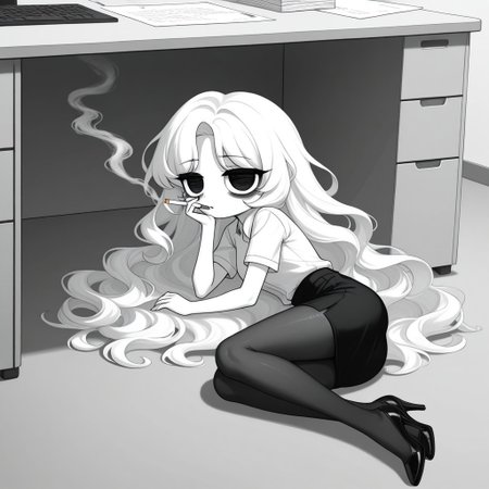 Xiaro, 1girl, solo, monochrome, big eyes, long wavy white hair, white short-sleeved office shirt, black skirt, black pantyhose, black heels
 Xiaro lying on the floor of your office, under her desk. Xiaro with dark circles under her eyes while smoking.