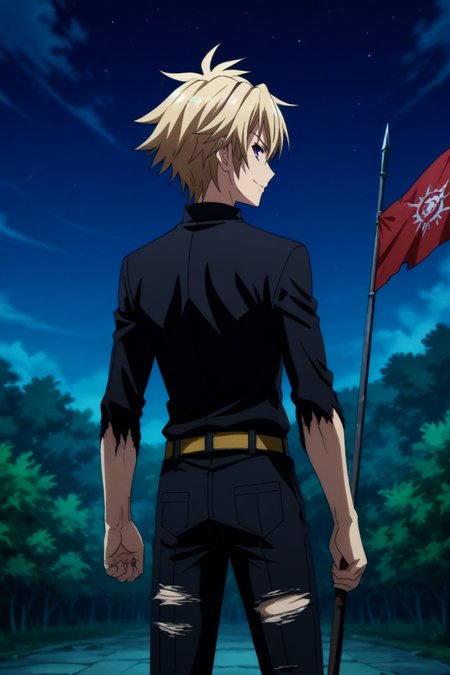 score_9, score_8_up, score_7_up,score_6_up,score_5_up,score_4_up,source_anime,BREAK, rating_safe, intricate details , , , anime screencap, anime coloring, official style, depth of field , , ,1boy, solo, male focus , , , <lora:izayoi:0.97>,sakamaki izayoi,blonde hair,purple eyes,short hair,spiky hair,hair between eyes,natural hair,simple hairstyle,smile,holding, shirt, full body, pants, belt,hand holding flag, looking back, from behind, black shirt, torn clothes, scar, bandages, injury,red flag, torn pants,outdoors,night,sky  , , , <lora:sdxl_lightning_8step_lora_315544:1>