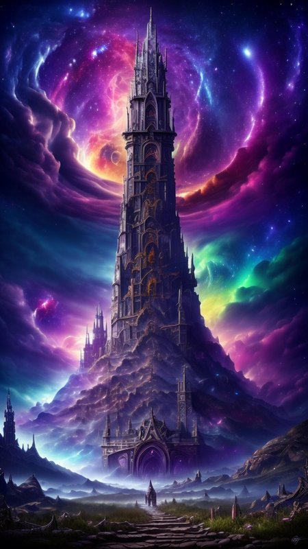 Space-themed, 
Gothic style, 
Masterwork Painting, Magnum Opus, 
 <lora:Wizard_Tower:0.75> witow, castle, cloud, cloudy sky, grass, no humans, scenery, sky, tower, tree, 
<lora:Fantasy_Mountains:0.75> fanmou, footprints, forest, grass, nature, no humans, outdoors, sky ,
  highres, 8k, uhd, High Dynamic Range, tonemapping, crisp details,  intricate details, fine details,
. Dark, mysterious, haunting, dramatic, ornate, detailed,
. Cosmic, celestial, stars, galaxies, nebulas, planets, science fiction, highly detailed