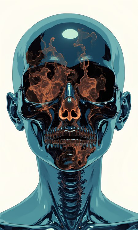 Extreme close-up portrait of a 25-year-old woman  with a bald head, featuring translucent skin  that reveals intricate anatomical details beneath. Her face is serene yet haunting, with soft lighting highlighting the delicate textures of her skin and the subtle reflections on her translucent surface. The most striking feature is her skull, made entirely of black glass , which has a smooth, polished appearance with faint internal reflections. Inside the skull, a mesmerizing vortex of swirling brown and cyan smoke  moves dynamically, creating a sense of life force or energy coursing through her head. The smoke shifts and flows in a hypnotic pattern, adding depth and movement to the otherwise still image. The background is a pure, crisp white , isolating the subject and emphasizing the contrast between her dark skull and the vibrant smoke. Lighting is soft but directional, casting gentle shadows that enhance the translucency of her skin and the reflective quality of the glass skull. Mood is ethereal, futuristic, and mysterious â blending elements of sci-fi, surrealism, and medical artistry.
j_art, j_anime, <lora:FLUX\jul\J_Anime:1.0>