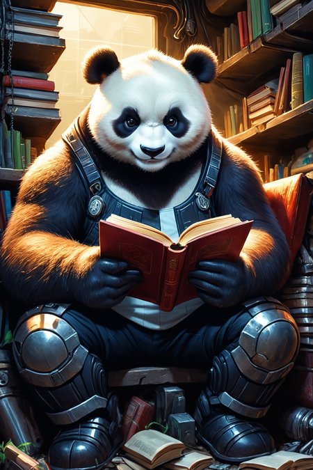 Detailed digital illustration of an anthro Panda bear (Reading a book, absorbed in intellect) at a Underground cybernetic chop shop with stolen tech, <lora:xl_more_art-full_v1:0.5>,  <lora:anthro_muscular:0.7> , <lora:madpunk:0.4> madpunk