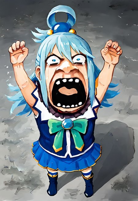 score_9, score_8_up, score_7_up, source_anime, zPDXL2, lozhkin, 1girl, aqua \(konosuba\), big smile, open mouth, teeth, screaming, crying with eyes open
