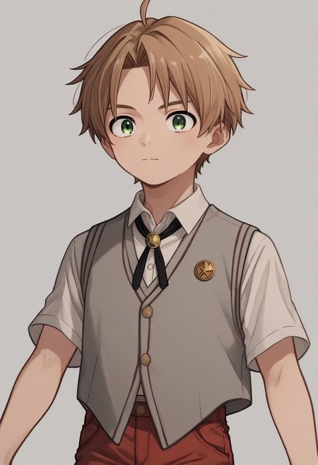 score_9, score_8_up, score_7_up, source_anime, highly detailed, cute boy, 1boy, solo, young, rudeus greyrat, light brown hair, green eyes, (short sleeve white button up shirt), (grey sleeveless vest), (black sleeveless jacket), bolo tie, red shorts