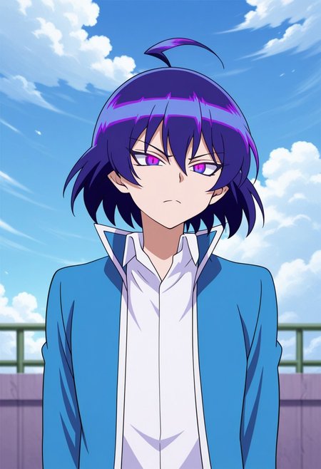 masterpiece,best quality,amazing quality, source_anime,
IrumaSuzuki, 1boy, male focus, solo, evil form, purple eyes, gradient eyes, multicolored hair, blue hair, purple hair, ahoge, hair between eyes, school uniform, shirt, white shirt, collared shirt, jacket, blue jacket, open jacket,
outdoor, sky, day, clouds,