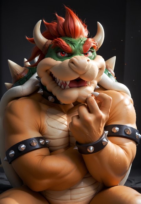 safe_pos, score_9, score_8_up, score_7_up, score_6_up, score_5_up, score_4_up, source_furry, hi res, solo, Bowser, Spiked Bracelets, Spiked Collar, Spiky Shell, red eyes,   anthro, male,  seductive look, sexy pose, biting lip