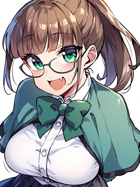 score_9, score_8_up, score_7_up,  
1girl, kamona Chiaki, ponytail, brown hair, large breasts, glasses, green eyes,


school uniform, grey cape, bowtie, white shirt, long sleeves, pleated skirt, thighhighs, standing, upper body, arms behind back, smile, open mouth, fang, looking at viewer, white background,
