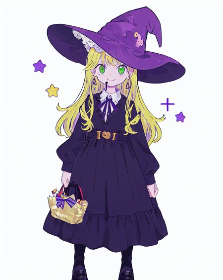 1girl, solo, hat, food, witch hat, long hair, lollipop, blonde hair, candy, dress, bow, pink bow, striped, simple background, white background, full body, green eyes, sleeves past wrists, star (symbol), shoes, purple dress, looking at viewer, long sleeves, holding, frills, frilled dress, hair bow, standing, sleeves past fingers, earrings, smile, bangs, very long hair, holding food, jewelry, purple headwear, holding candy, witch<lora:morning_glory:1>