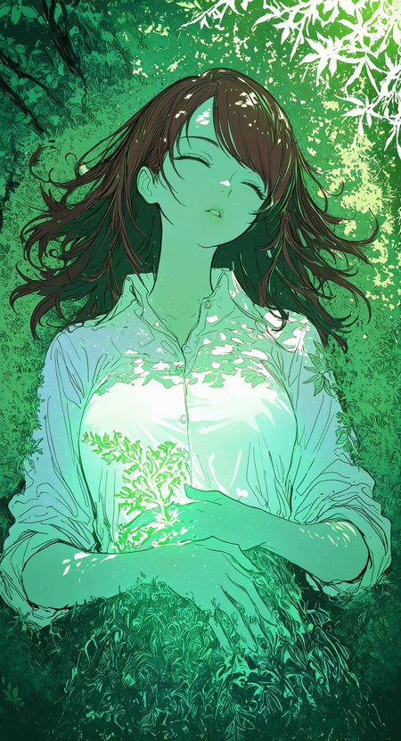 masterpiece, best quality, good quality, very awa, newest, highres, absurdres, 1girl, solo, long hair, shirt, brown hair, white shirt, upper body, closed eyes, outdoors, parted lips, lying, collared shirt, day, on back, lips, swept bangs, leaf, sunlight, grass, sleeping, plant, nature, light particles, sleeves rolled up, branch, on ground, dappled sunlight, green theme, hand on own stomach, on grass, limited palette, sketch, glowing, psychedelic, <lora:illustriousXL_stabilizer_v1.23:0.3> <lora:NOOB_vp1_detailer_by_volnovik_v1:0.3> <lora:ponyv6_noobE11_2_adamW-000017:0.3> <lora:114558v4df2fsdf5:0.7> <lora:XXX667:0.5> <lora:mon_monmon2133:0.6>
