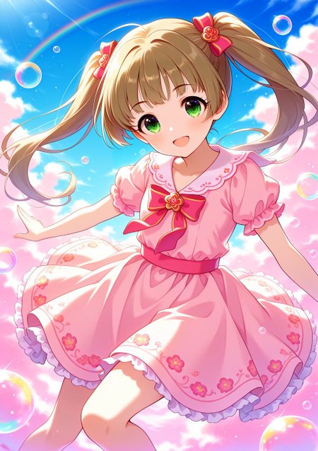 sfw, general, 
<lora:Yokoyama_Chika_Cinderella:0.9>, Yokoyama_Chika_Cinderella, long hair, twintails, brown hair, hair ornament, green eyes, 
idolmaster, idolmaster cinderella girls, pink dress, floral embroidery dress, pastel colors, colorful, blue sky, 
<lora:soap-bubble-fantasy-04:0.7>, soap bubble background fantasy, rainbow bubbles, 
<lora:on_cloud_v1_illustrious_d:0.7>, on_cloud, cloud,, BREAK
masterpiece, best quality, amazing quality, very aesthetic, absurdres, newest, 
 <lora:Eyes_High_Definition:0.6>, eyesHD, high gradient eyes, detailed eyes, high definition eyes, 
<lora:LECO_Particles:1>, 
BREAK, <lora:brightness_slider:-0.5>,, general, dutch angle, from front,,  dynamic pose,