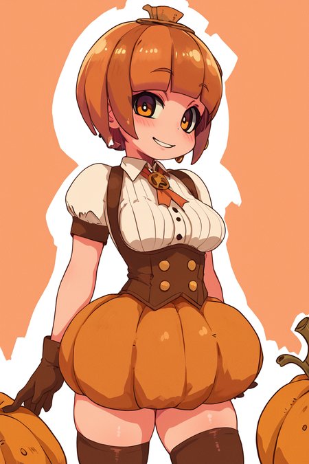 score_9, score_8_up, score_8, medium breasts, (curvy), cute, eyelashes,       BREAK, , ,,, zzPmpknGrl, brown eyes, short hair, brown hair, blunt bangs,  gloves, thighhighs, short sleeves, pumpkin, shirt, standing, white shirt, <lora:PumpkinGirl_Masashi_PDXL:0.8>,   ,,, , BREAK, smile, looking at viewer, cowboy shot, ,,, embedding:zPDXL, Expressiveh, ,,, <lora:Zankuro_Style_PDXL:0.8> <lora:SDXLFaeTastic2400:0.5>, <lora:Expressive_H-000001:0.4>,