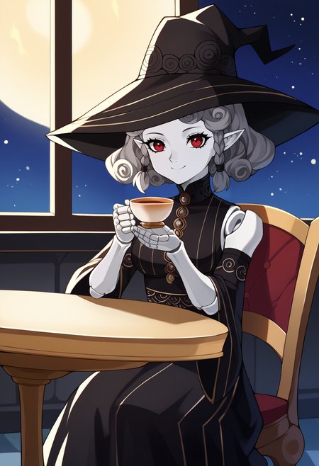score_9, score_8_up, score_7_up, source_anime BREAK 1girl, solo,  <lora:zs_AgratXL:1> agratsmtvv, curly hair, grey hair, twin braids, colored skin, grey skin, red eyes, pointy ears, witch hat, black dress, detached sleeves, black wings, doll joints, gothic castle, dark, night sky, stars, castle courtyard, sitting, chair, table, tea cup  <lora:ett-artist-richy-v1_xl:1>, smile, closed mouth