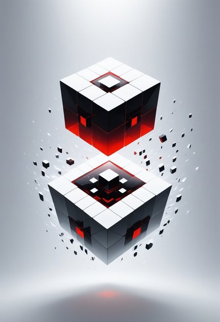 (masterpiece), best quality, Anime, (Floating Cube), White Background, No Humans, Black and Red Theme, (Light Refraction), Symphtia-Style