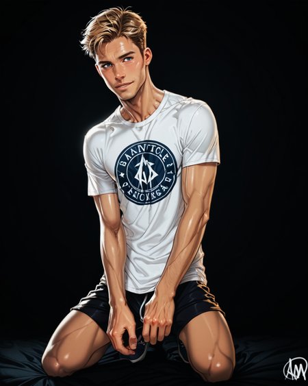 score_9, score_8_up, score_7_up, score_6_up, score_5_up, score_4_up, rating_questionable, 
<lora:PulenKompot-Ganassa Style-PonyXL:1>, ganassa,
intricately detailed, photo studio with black backdrop, black background,
1boy(human, glistening skin, handsome, sexy, seductive, posing, looking at the viewer, friendly expression, kneeling,
pale skin, european, blond hair, 
twink, slender, 
loose t-shirt, shorts),
depth of field, 
<lora:xl_more_art-full_v1:0.4>,
<lora:add-detail-xl:0.4>