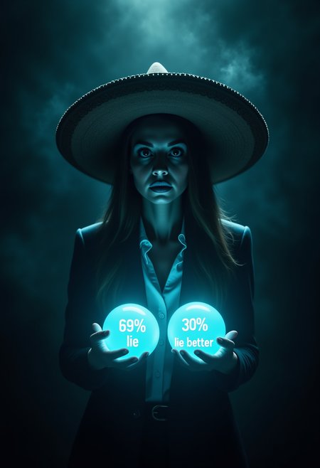 a beautiful business woman wearing a large sombrero partially revealed by a hard spotlight above is coming out of the darkness. he is holding two light blue glowing spheres in her hands. the sphere on the left says "69% lie", the sphere on the right says "30% lie better". ghostly statistics, graphs and charts float in the darkness, faded <lora:Dever_Flux_Enhancer:0.5>