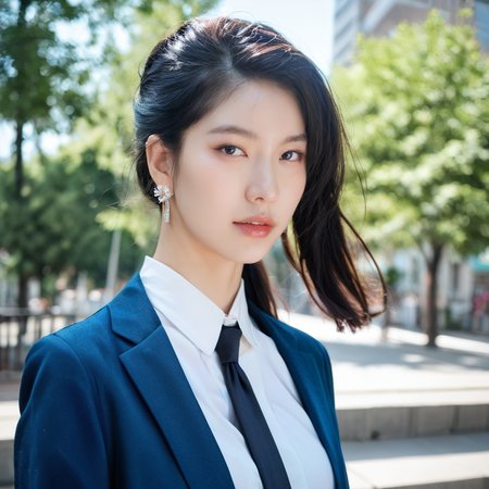 <lora:NamikoPonySRV203:1>, :Namiko, <lora:add-detail-xl:0.5>, [10]a stunning real medium breasts Korean woman with long, flowing dark hair, her piercing gaze directly addressing the viewer. score_9, score_8_up, score_7_up, 4k, high quality, (best quality:1.1), realistic, photorealistic, close-up, upper body, (ultra HD quality details), High Fashion, A highly detailed, realistic digital photo of a Korean woman 28yo with a pale complexion, emphasizing her enigmatic and mystical aura,, high resolution, rich textures, and contemplative mood. Her eyes are a deep piercing and  brown, dynamic, dramatic, haute couture, elegant, ornate clothing, dark straight hair with a few loose strands framing her face, against a cyan gradient background, Realistic photograph, Movie light, film grain, necktie, skirt, ponytail, school uniform, shirt, looking at viewer, outdoors, white shirt, blue skirt, tree, cosplay, belt,