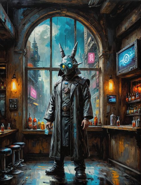 Oil painting of a oil painting of a futuristic wizard, cyberpunk bar, large window background, hyper realistic, super detailed, Science Fiction, tb, <lora:ThickBrush:0.5> <lora:drkkaw_epoch_10:0.5>