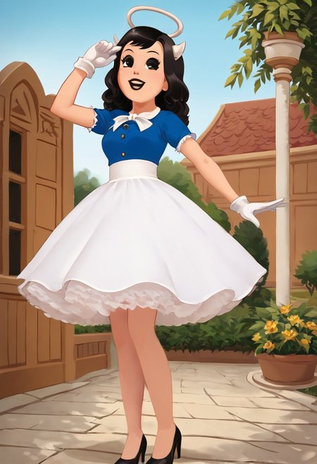 (Masterpiece, best quality:1.2), score_9, score_8_up, flat color, flat shading, soft shading, lighting, Alice Angel in a 1950's dress with a button down top, a fluffy frilly ruffled full petticoat, and high heels, dress, layered petticoat, frilly petticoat, fluffy petticoat, full petticoat, wide dress, flowing dress, solid colored skirt, short sleeves, black hair, Bendy and The Ink Machine, series accurate, cute, best high quality, high res, black lips, white colored skin, whole body shot, 1girl, solo, outside, standing straight, in a garden, cute, adorable, smile, low angle upskirt shot, cartoon, cartoon style, vector, solo, circle dress, 1950s, alice angel