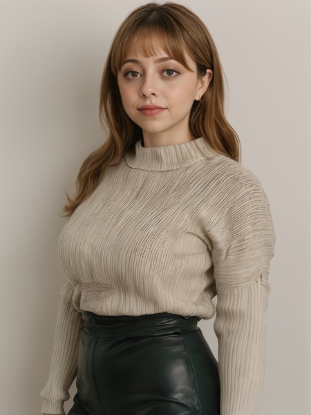 30yo felicitysynthxl, upper body, standing, neutral background, sultry, large breasts, modest,
wearing a tight knit sweater